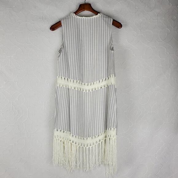 Indigo Thread Co Vest XS Blue White Striped Duster Crochet Fringe Open Front - Picture 9 of 12